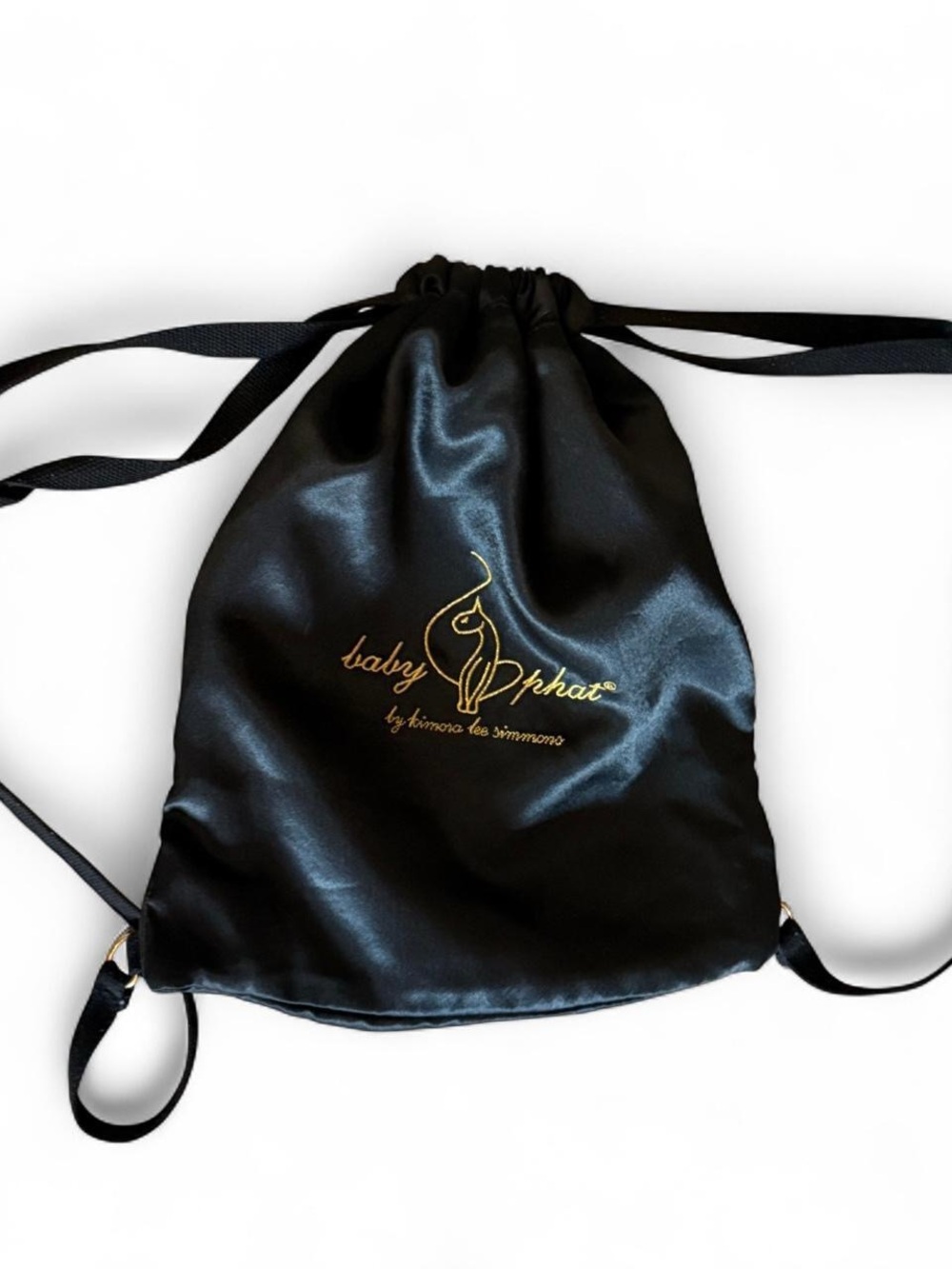 Baby Phat Black Satin Drawstring Bag with Gold Lining